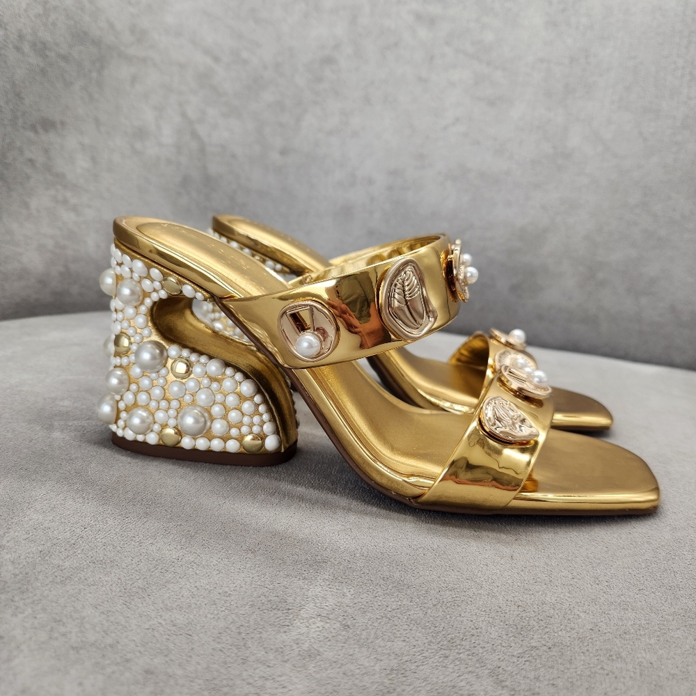 Gianni Bini Dress Sandals 9.5 Gold Penei Architectural Chunky Jewel Heel New$150 - Picture 11 of 17